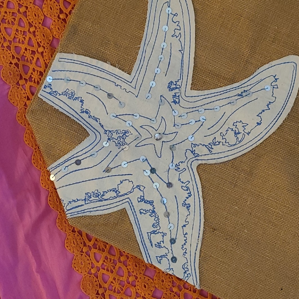 SALE NWOT LG BLUE WHITE  STARFISH BEACH BURLAP BAG - Picture 16 of 16